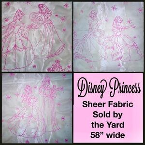 Disney Princess Sheer Fabric with Shimmering Pink Princess Motif Embroidery